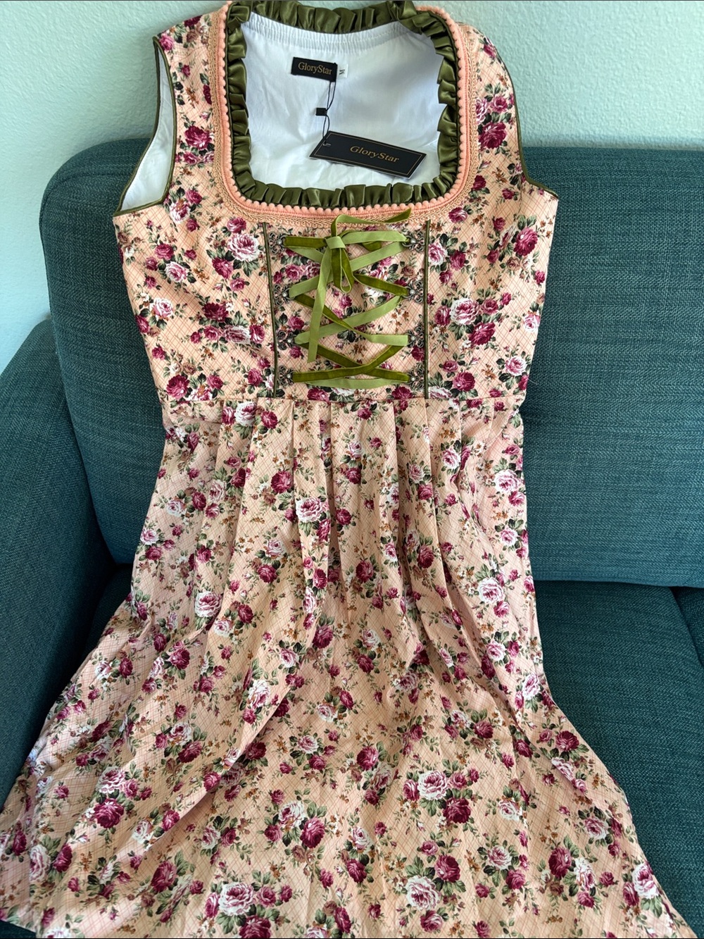 GloryStar Floral Dirndl Dress with Olive Ribbon Lacing